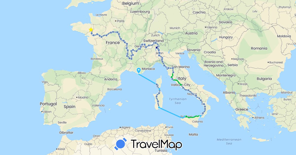 TravelMap itinerary: driving, bus, cycling, boat in Switzerland, France, Italy (Europe)