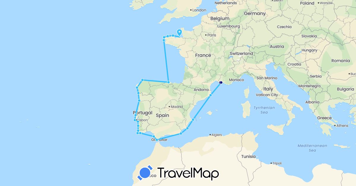 TravelMap itinerary: driving, boat in Spain, France, Portugal (Europe)